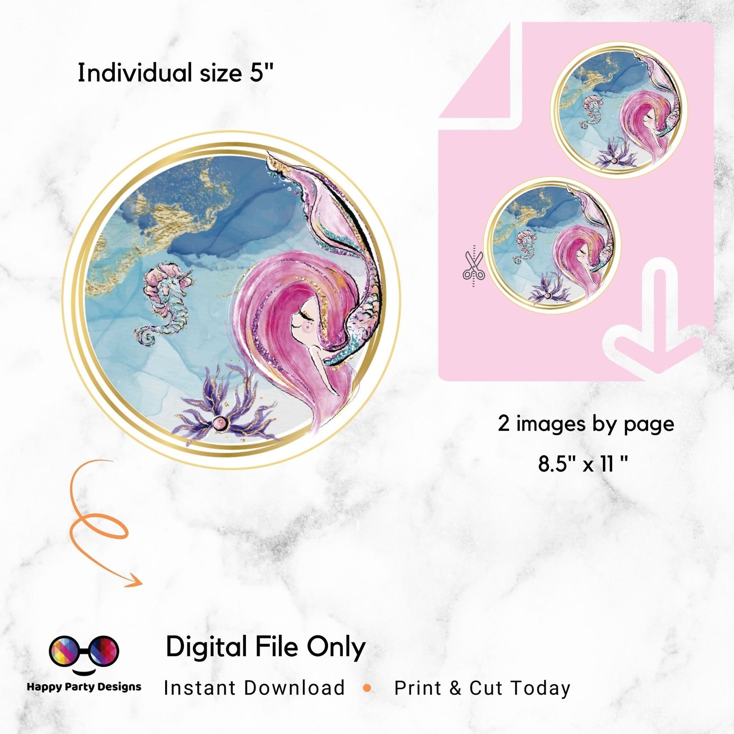 PRINTABLE Mermaid Round Cake Topper | Birthday Party Cake Topper | Birthday Cake Topper | Center pieces | Instant download