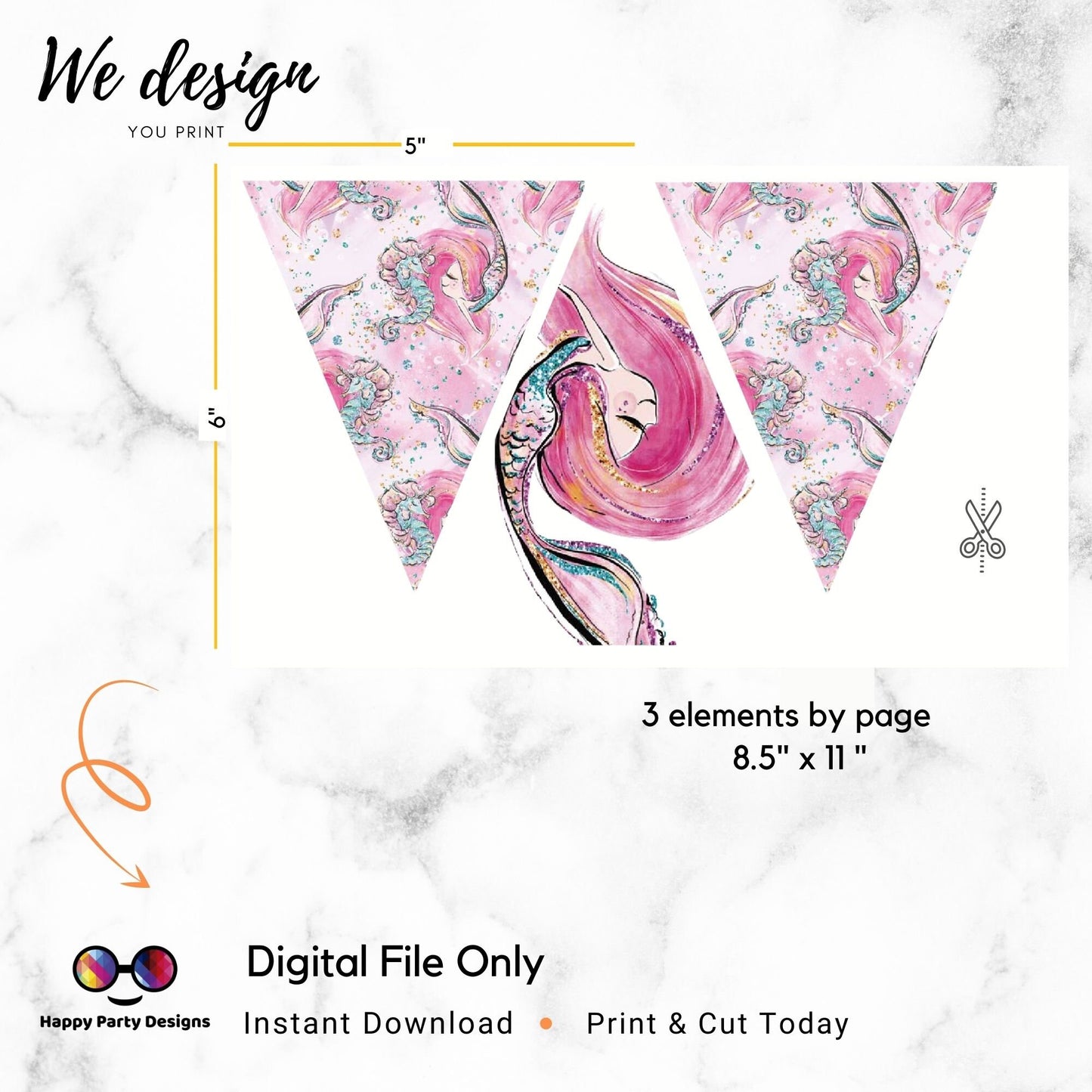 PRINTABLE Mermaid Pennant Banner | Mermaid watercolor | Mermaid birthday | Instant Download | Just Print, Cut and Hang!