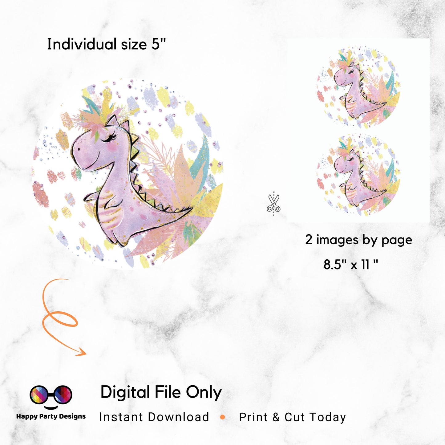 PRINTABLE Round Dino Cake Topper, Girl Birthday Party Cake Topper, Dinosaur Birthday Cake Topper, Center pieces, instant download