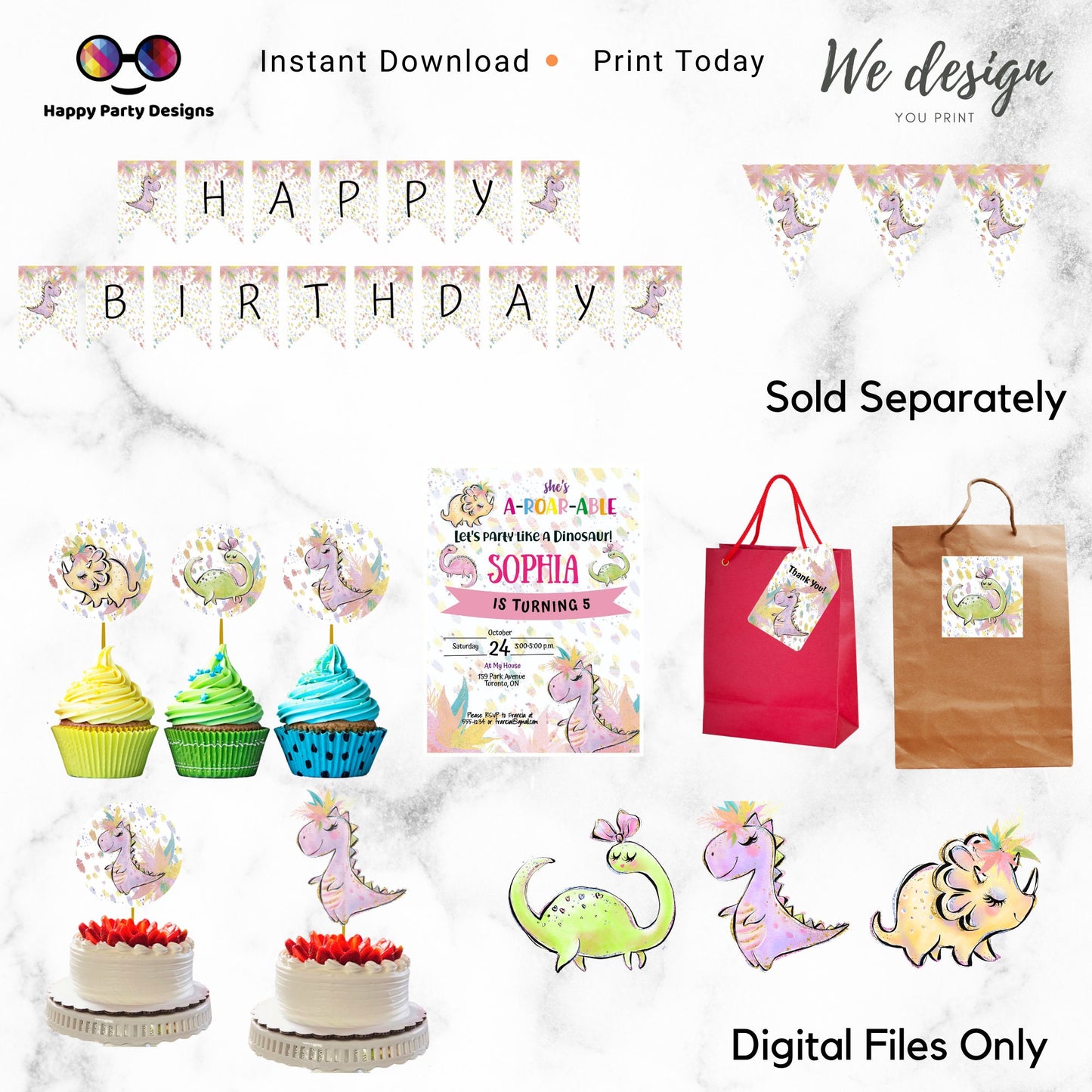 PRINTABLE Round Dino Cake Topper, Girl Birthday Party Cake Topper, Dinosaur Birthday Cake Topper, Center pieces, instant download
