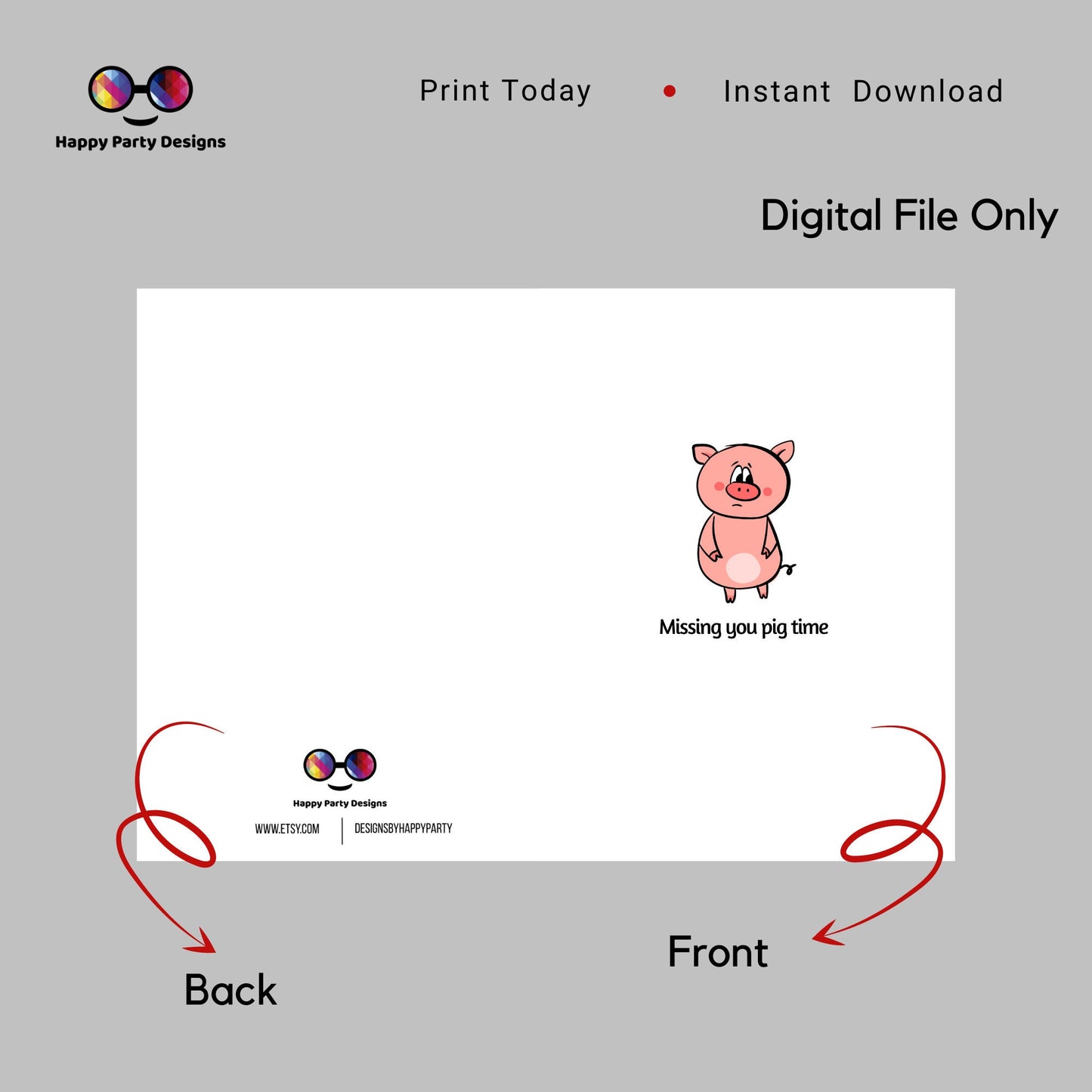 Printable Missing you PIG time card| greeting card | Missing you | Instant Download | I Miss you card