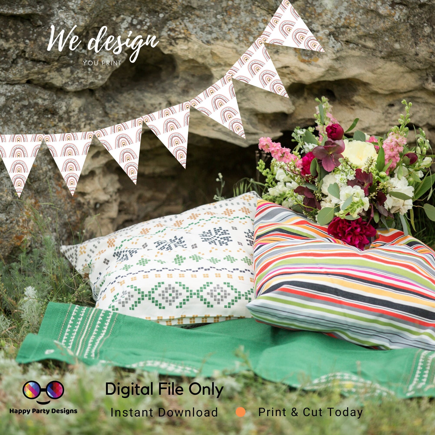 PRINTABLE Boho rainbow Pennant Banner | Rainbow decoration | Instant Download | Boho Party | Boho decor | Boho Birthday