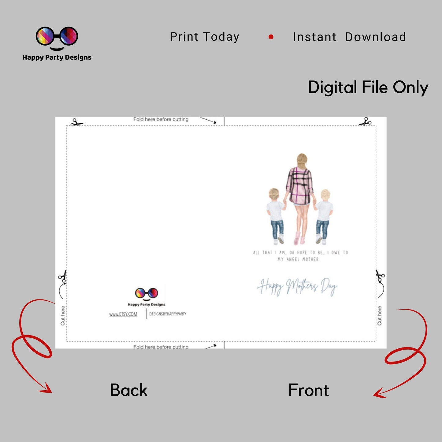 Happy Mother's day | greeting Card | Mother and sons | Instant Download | Mothers Day themed card | Mom with kids