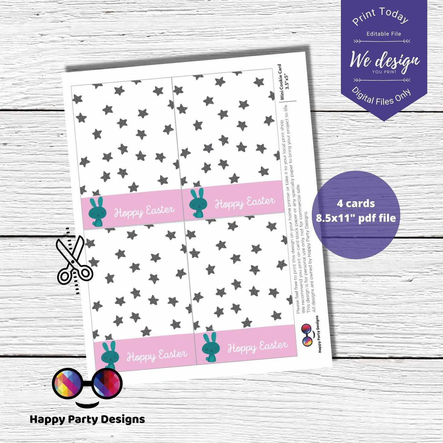 Printable Mini Cookie Card | 3.5"x5" Hoppy Easter | Happy Easter Cookie Packaging Mini Cookies | Easter