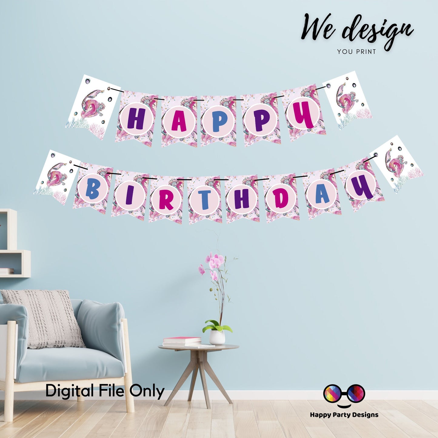 Happy Birthday Banner | Mermaid Birthday Banner | Mermaid Birthday Theme | Mermaid Birthday | Instant download | PRINTABLE DIGITAL
