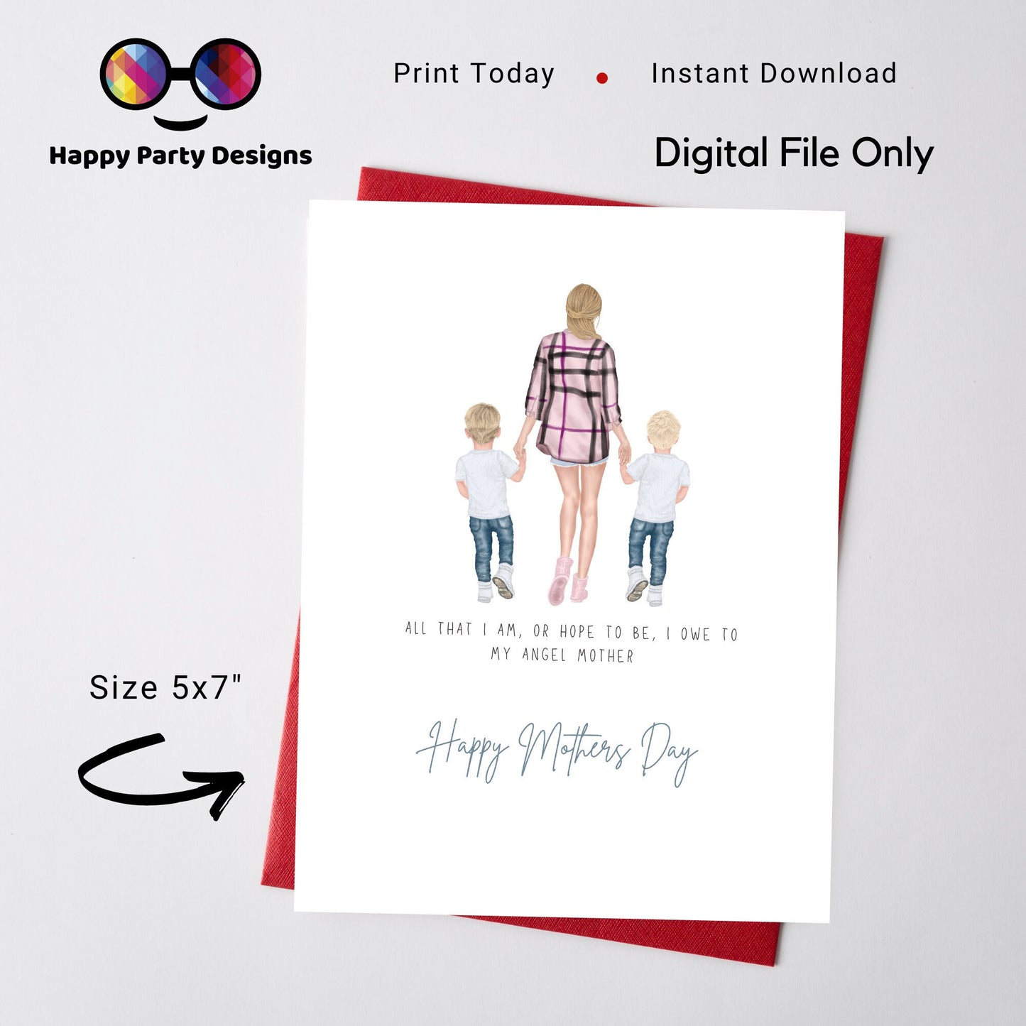 Happy Mother's day | greeting Card | Mother and sons | Instant Download | Mothers Day themed card | Mom with kids