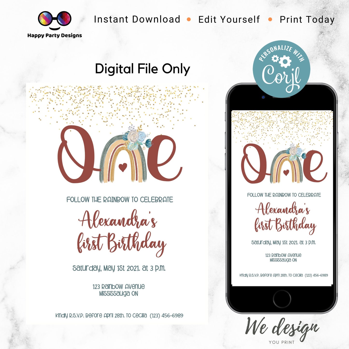 First birthday Rainbow Invitation | EDITABLE Invitation | Boho birthday Invitation | Rainbow Birthday | Digital File | Instant Download |