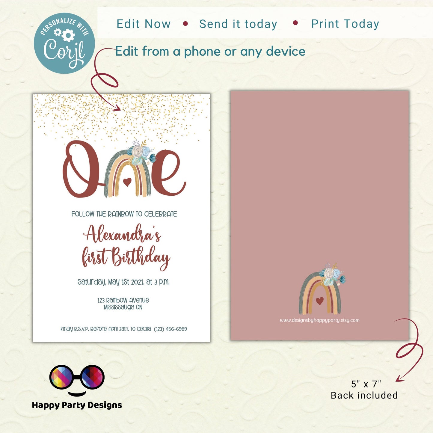 First birthday Rainbow Invitation | EDITABLE Invitation | Boho birthday Invitation | Rainbow Birthday | Digital File | Instant Download |