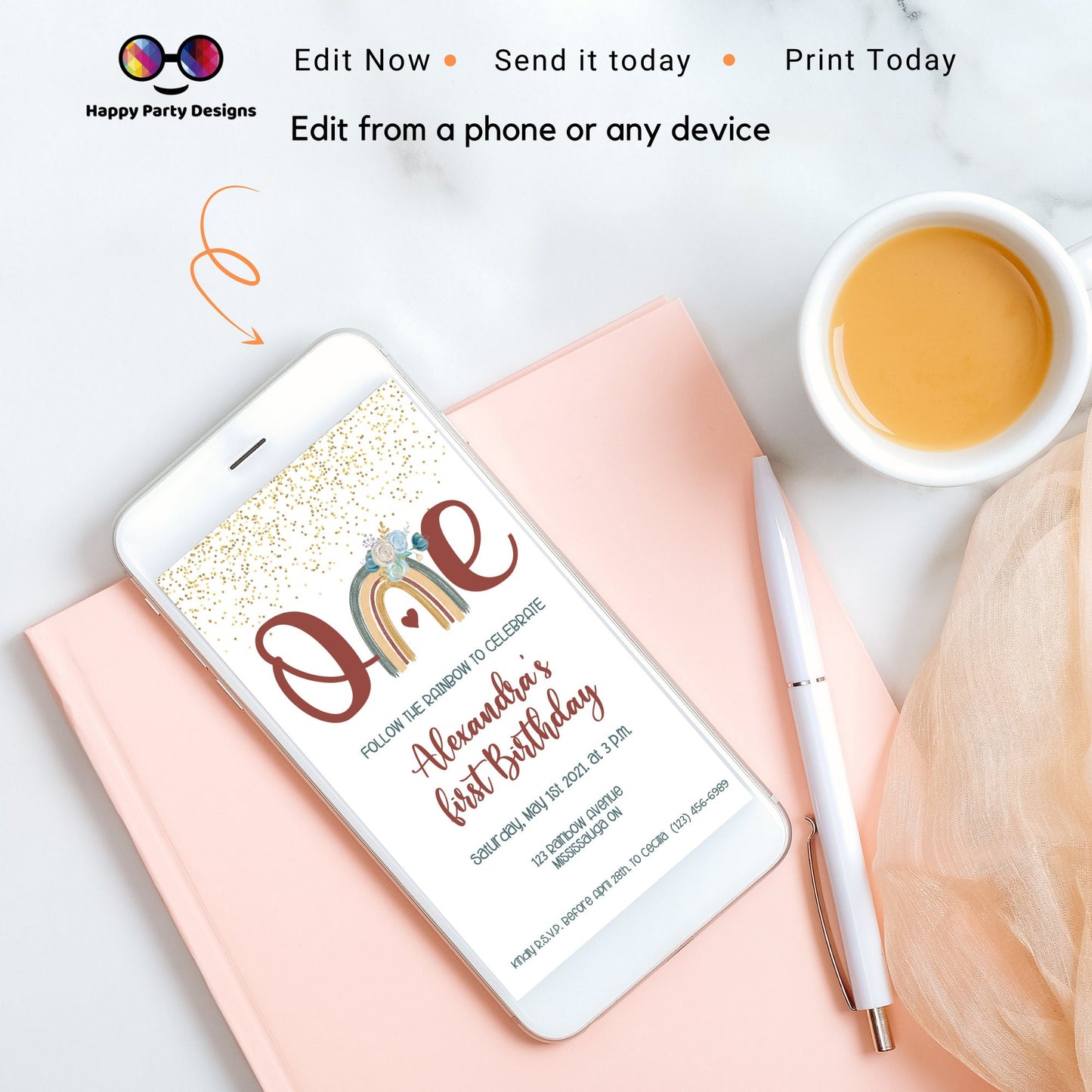 First birthday Rainbow Invitation | EDITABLE Invitation | Boho birthday Invitation | Rainbow Birthday | Digital File | Instant Download |