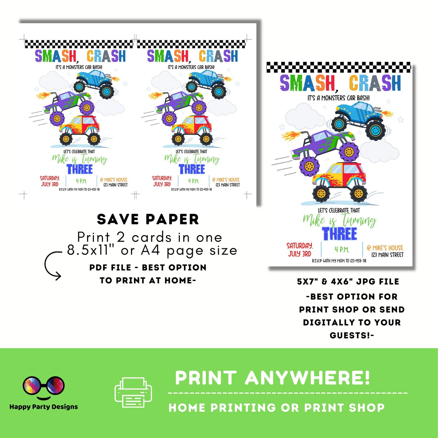 Monster truck digital invitation| Monster Truck Party | Monster Truck invitation
