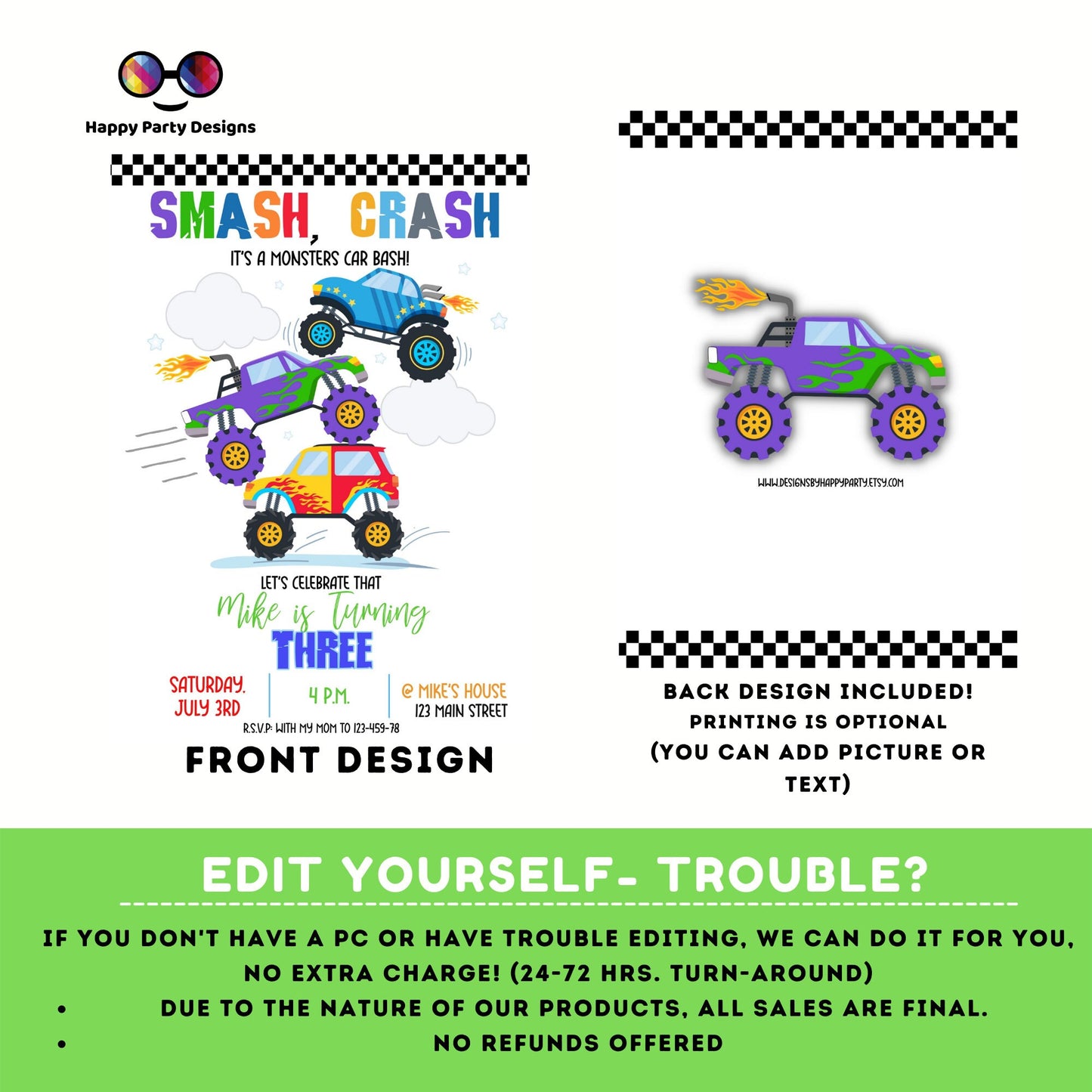 Monster truck digital invitation| Monster Truck Party | Monster Truck invitation