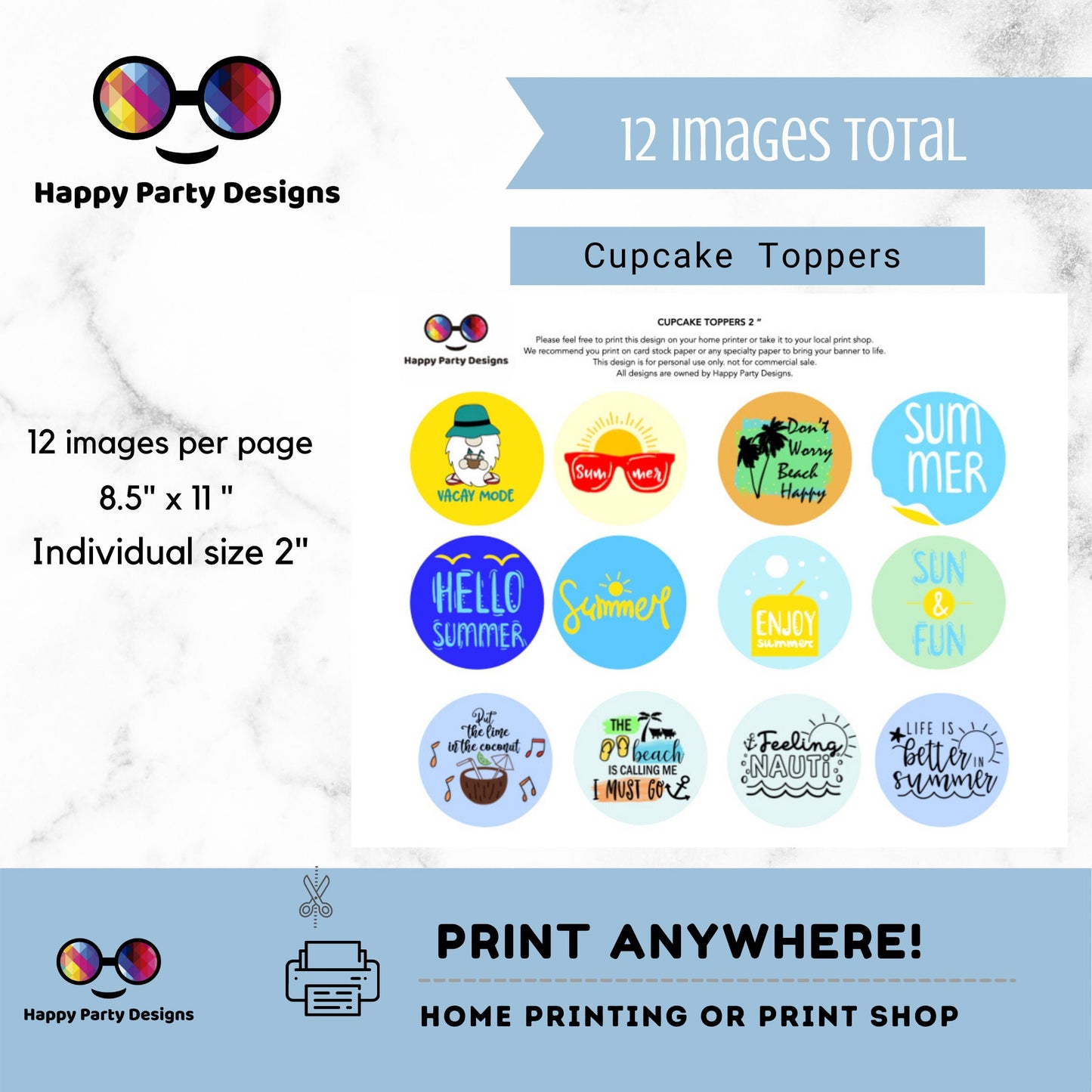 Summer Cupcake Toppers | Tropical Blue Cupcake Toppers | Kids party decorations | Instant Download | Digital | Summer Birthday Party Themed