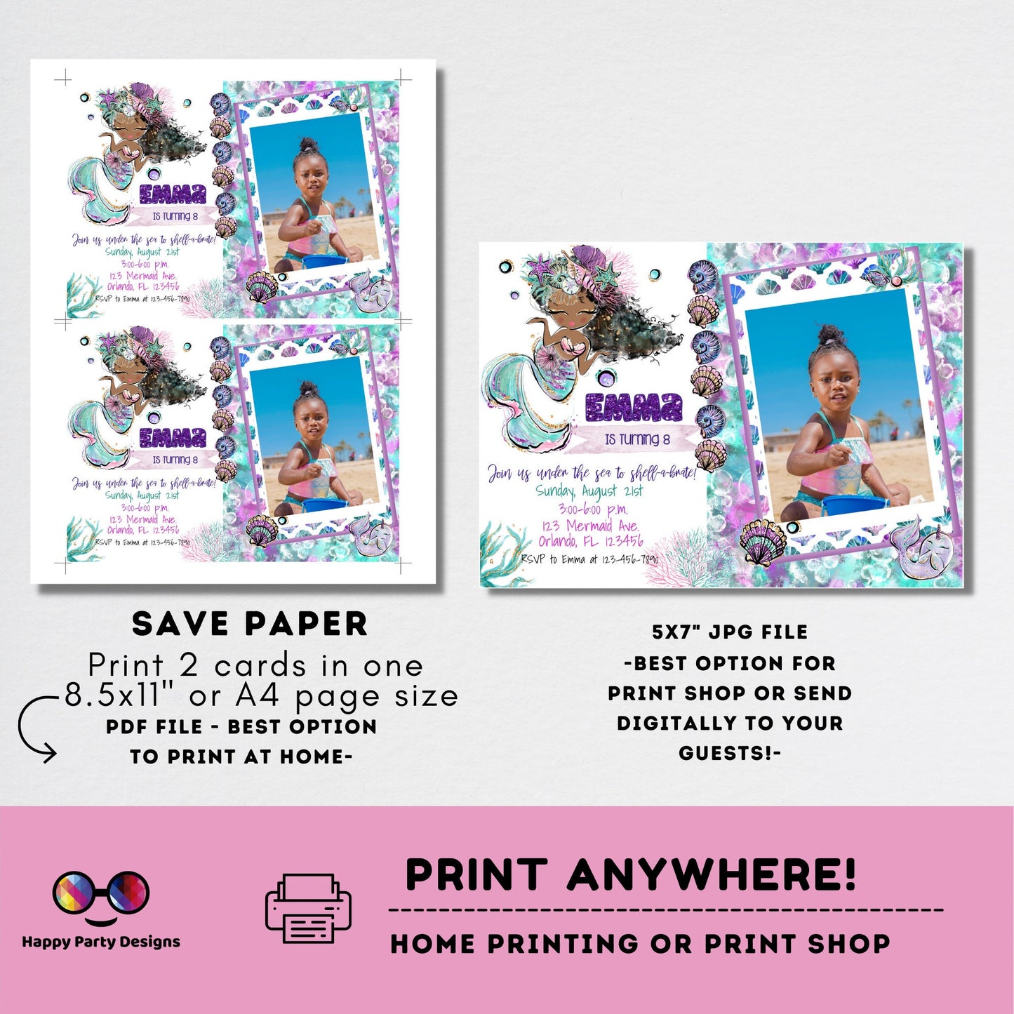 Editable Mermaid Invitation with picture | African American mermaid party | Mermaid Birthday | Mermaid Digital File | INSTANT download