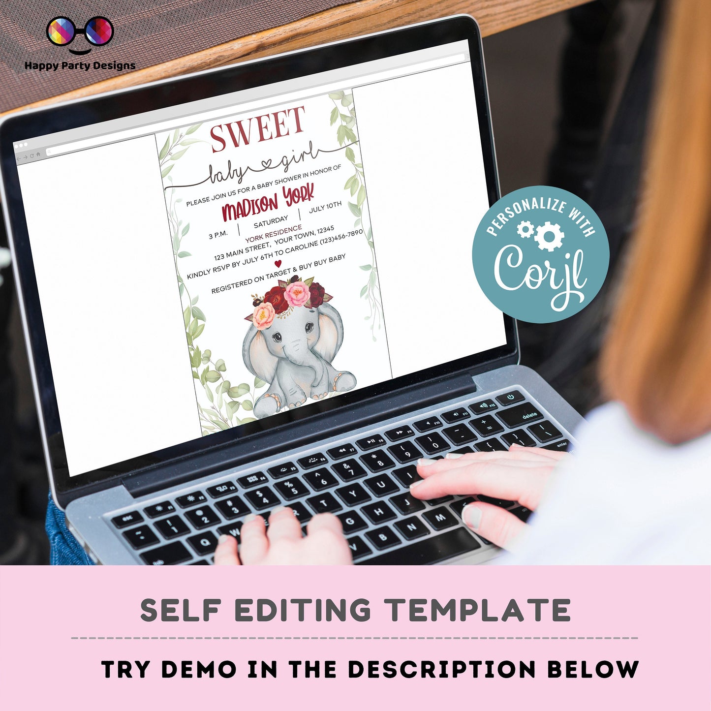 Elephant Baby Shower Invitations for Girls | Sweet baby girl | burgundy | Cute elephant | Edit Yourself & Instant Download #B14