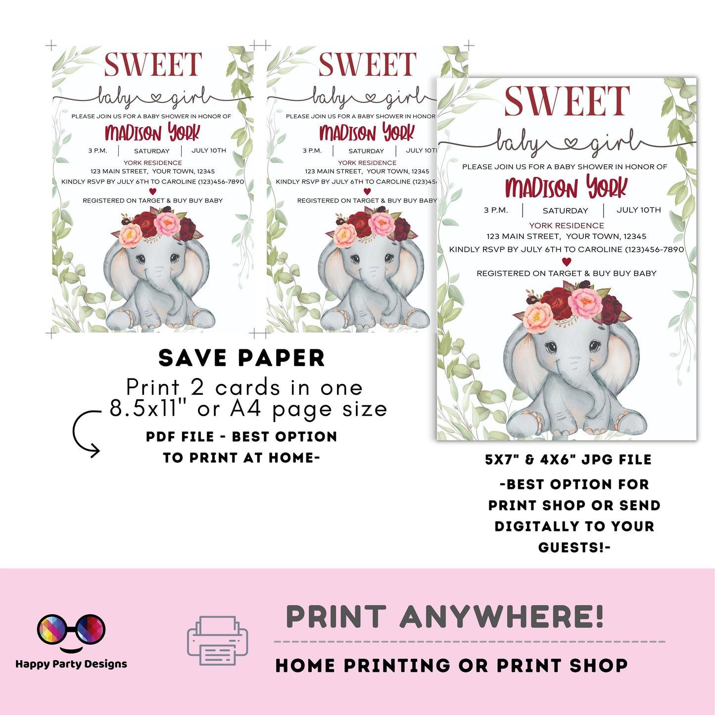 Elephant Baby Shower Invitations for Girls | Sweet baby girl | burgundy | Cute elephant | Edit Yourself & Instant Download #B14