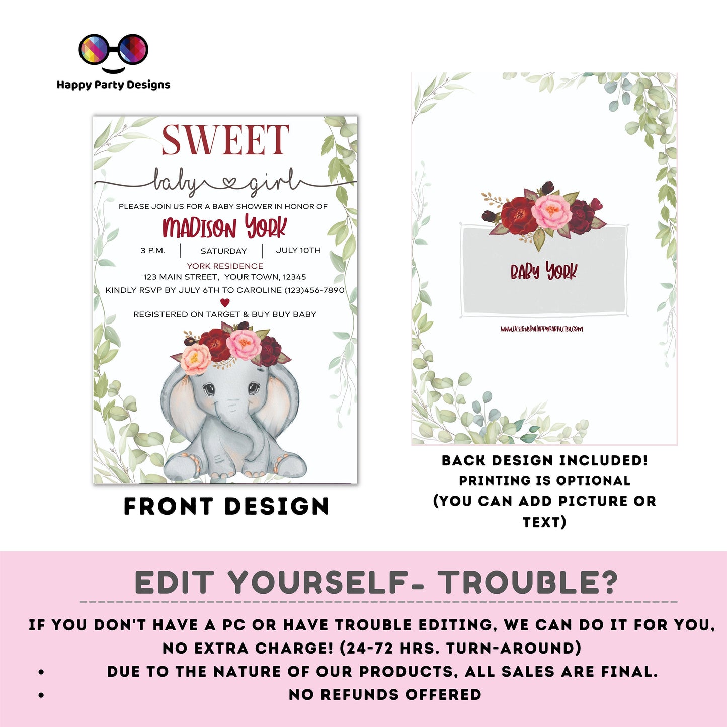 Elephant Baby Shower Invitations for Girls | Sweet baby girl | burgundy | Cute elephant | Edit Yourself & Instant Download #B14