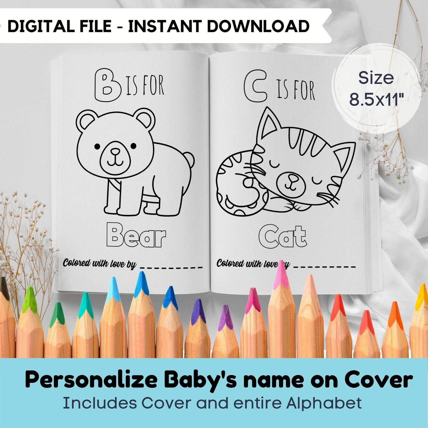 Baby Shower Coloring Book for boys 8.5x11"| First ABC coloring book for Baby Shower |Printable ABC Book Baby Shower Activity | Baby Keepsake