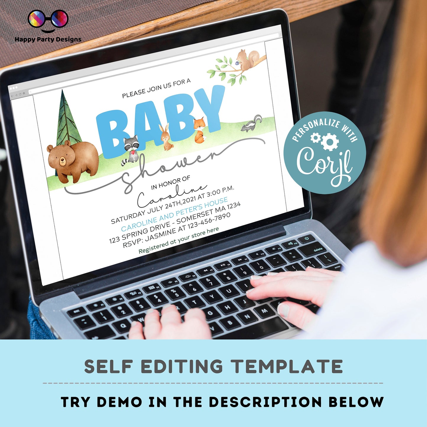 Editable watercolor woodland baby shower | Digital Bear printable invite | Baby Boy | cute animals Digital | Personalize Online #B16