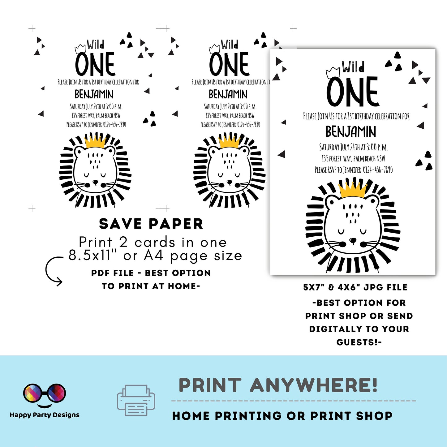 Editable Wild One invitation | First Birthday | Scandinavian invitation | cute lion | digital invitation| Personalize Online