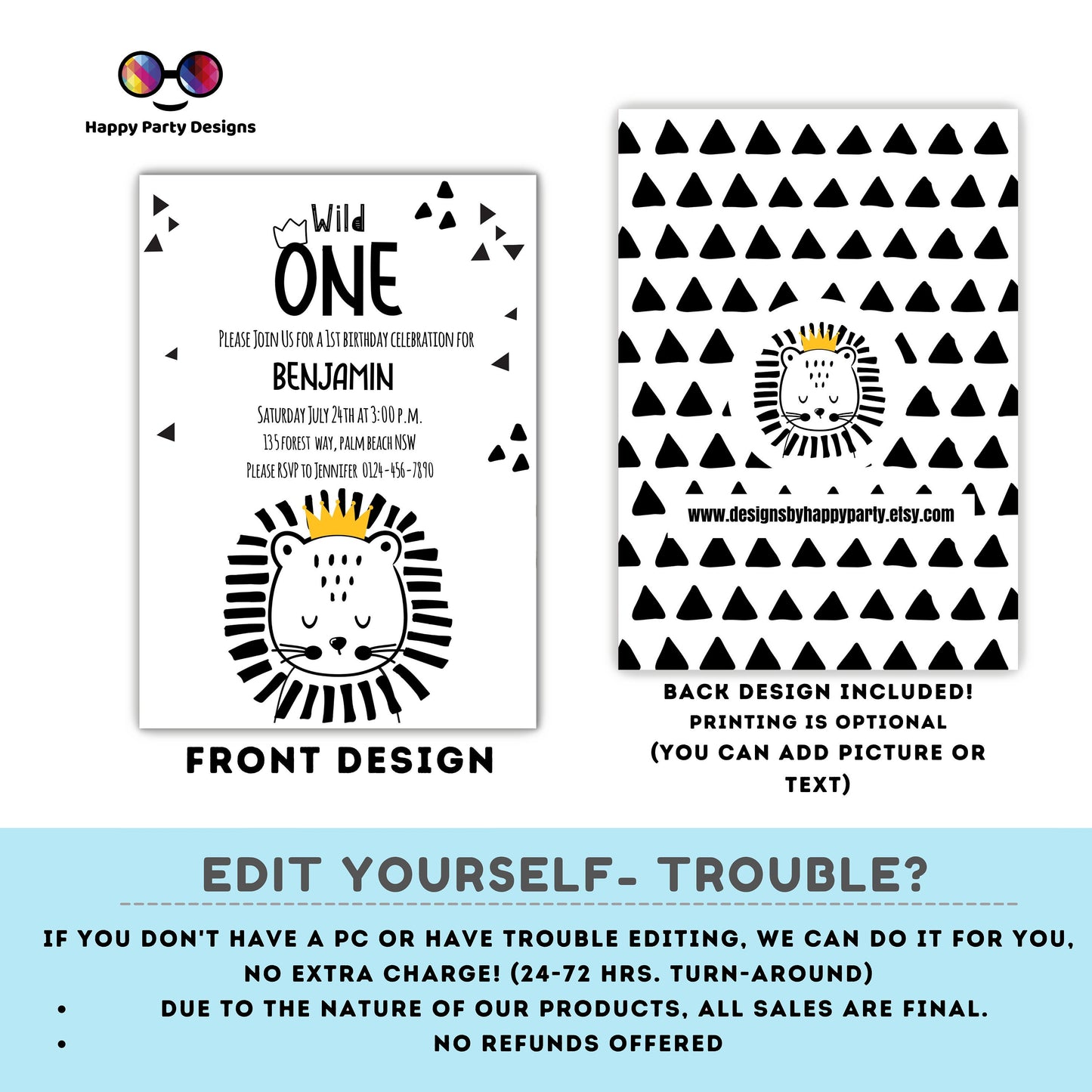 Editable Wild One invitation | First Birthday | Scandinavian invitation | cute lion | digital invitation| Personalize Online