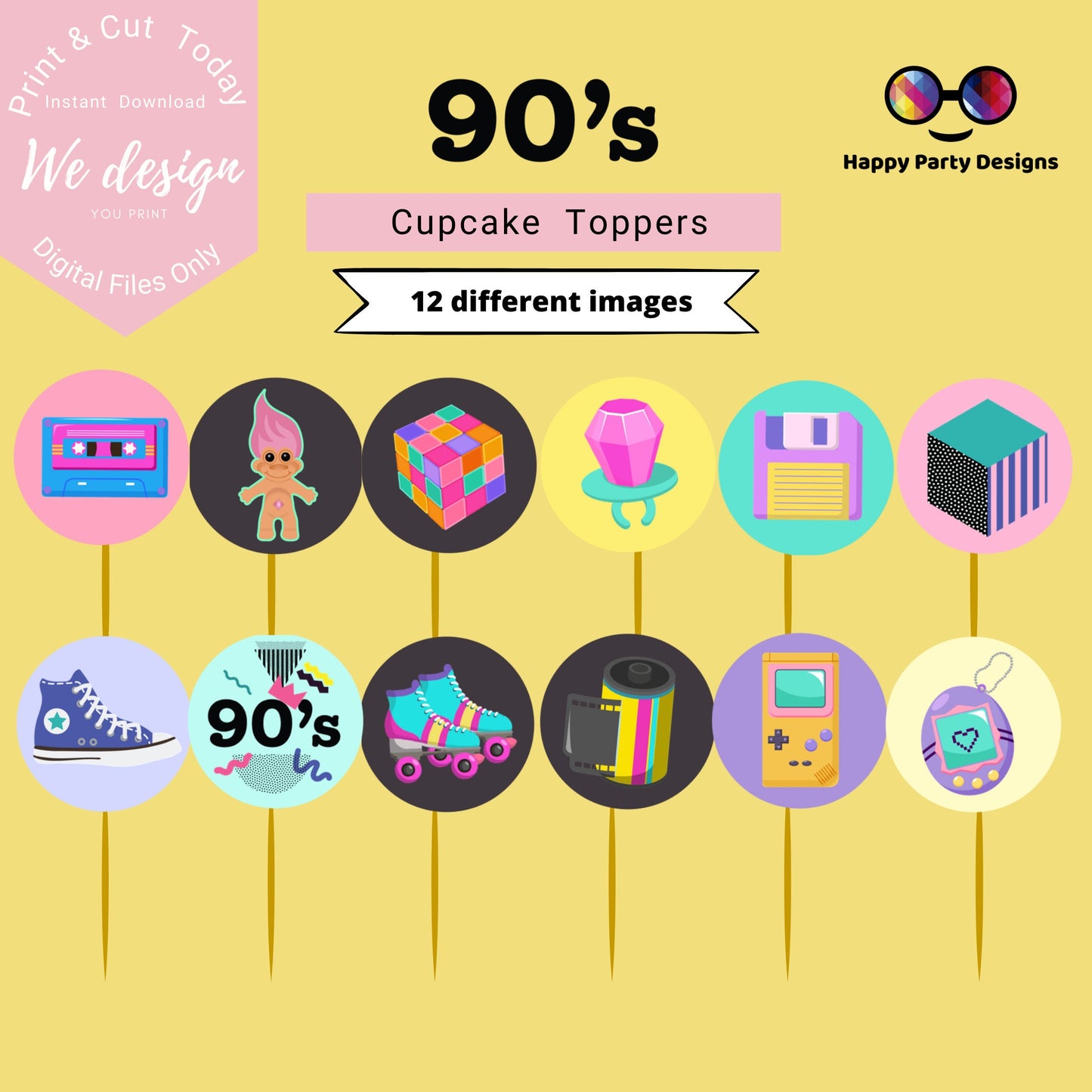 90s Cupcake toppers pink | Retro Birthday | Cupcake Toppers | Instant Download | Digital | Nostalgia Birthday Party | 90s Kid Birthday