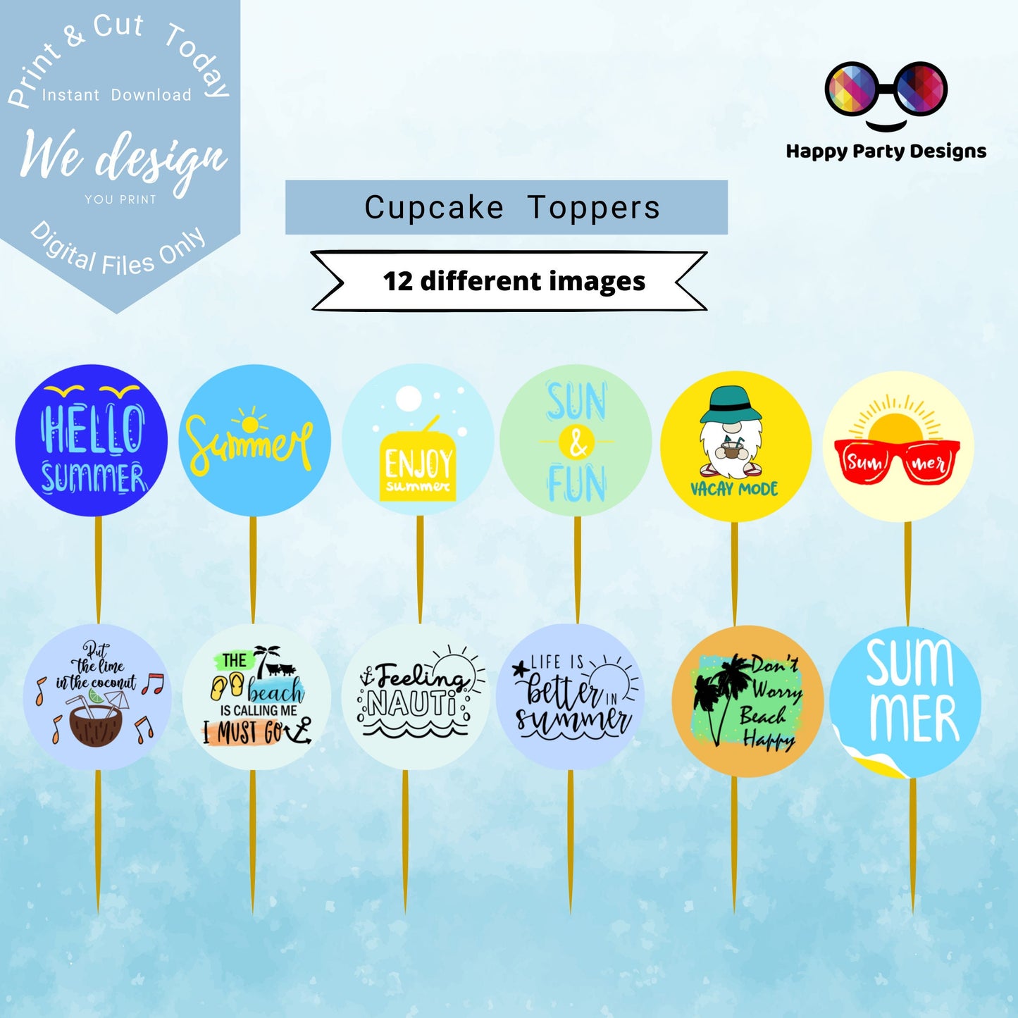 Summer Cupcake Toppers | Tropical Blue Cupcake Toppers | Kids party decorations | Instant Download | Digital | Summer Birthday Party Themed