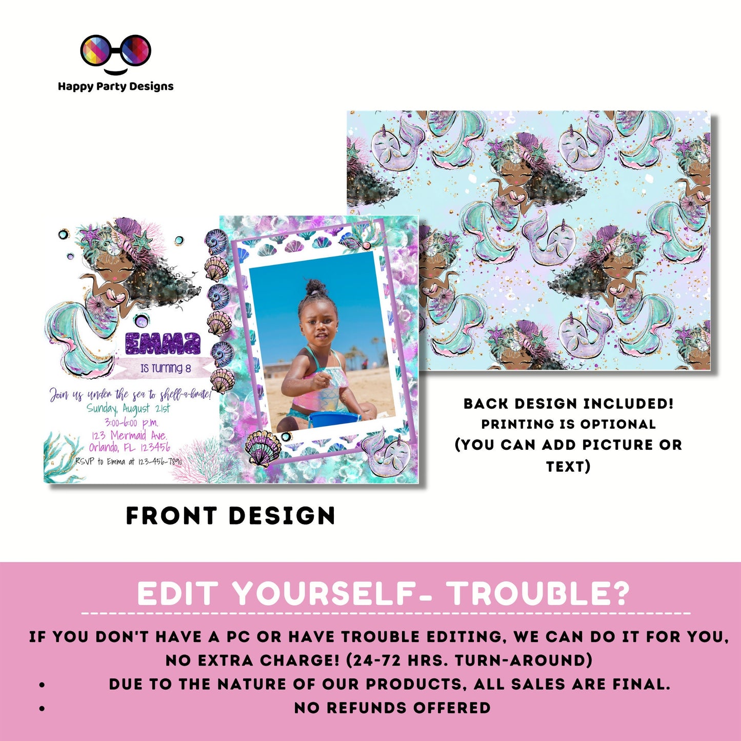 Editable Mermaid Invitation with picture | African American mermaid party | Mermaid Birthday | Mermaid Digital File | INSTANT download