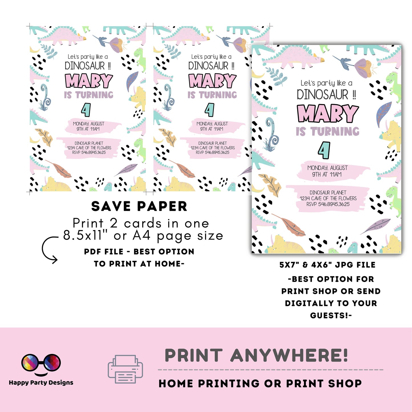Editable Let's party like a Dinosaur Birthday Invitation | Girl Invitation | Dino Birthday invitations | Cute Dinosaur Birthday Invitation