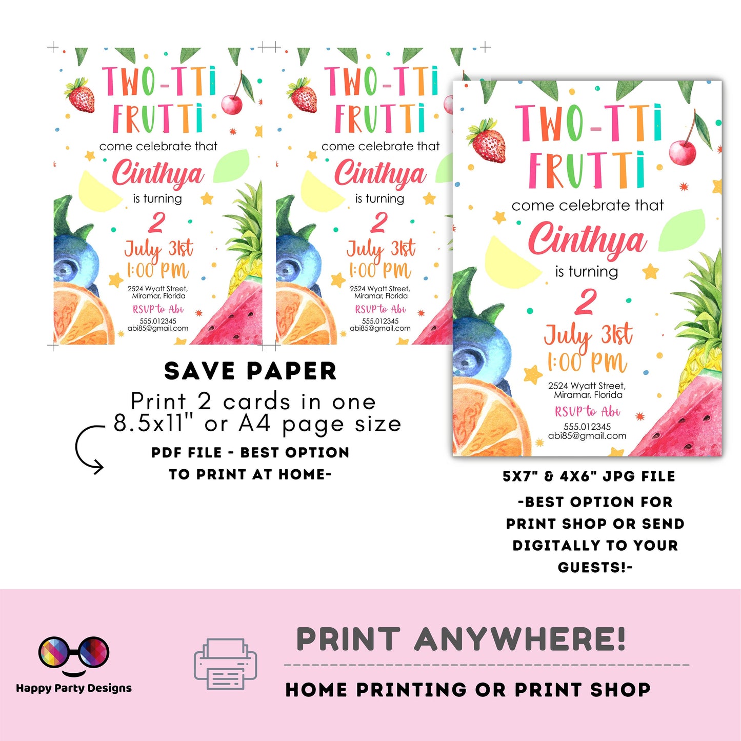 Editable TWO-tti frutti Birthday Invitation | Girl Invitation | Tutti-fruti Birthday invitations | Cute Fruit Birthday Invitation