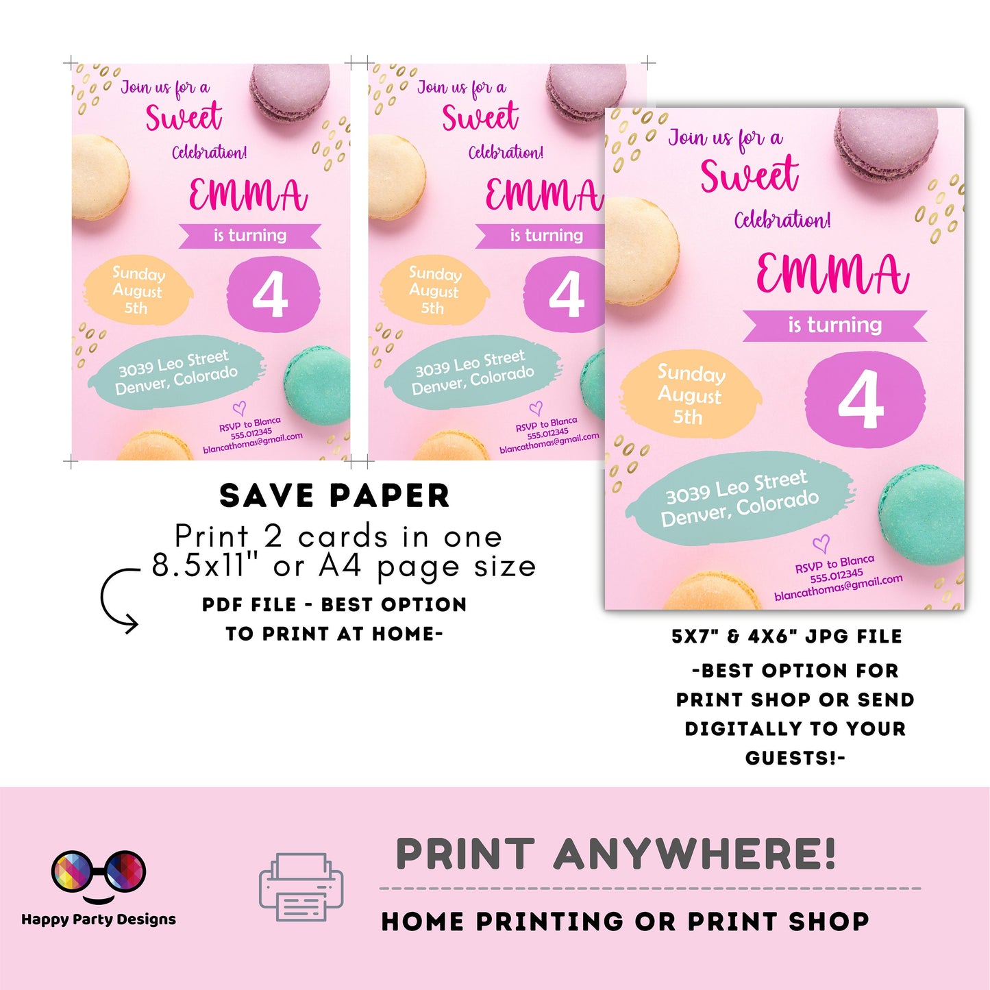 Editable Macaron Birthday Invitation | Girl Invitation | Macaroons Birthday invitations | Sweet Birthday Invitation