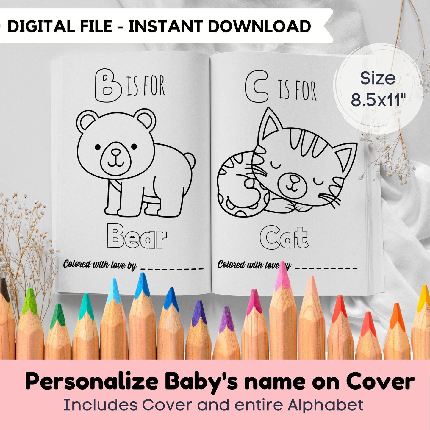 Baby Shower Coloring Book for girls 8.5x11" | First ABC coloring book for Baby Shower | Printable ABC Book Baby Shower | Baby Keepsake