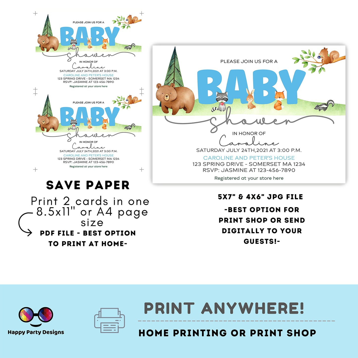 Editable watercolor woodland baby shower | Digital Bear printable invite | Baby Boy | cute animals Digital | Personalize Online #B16