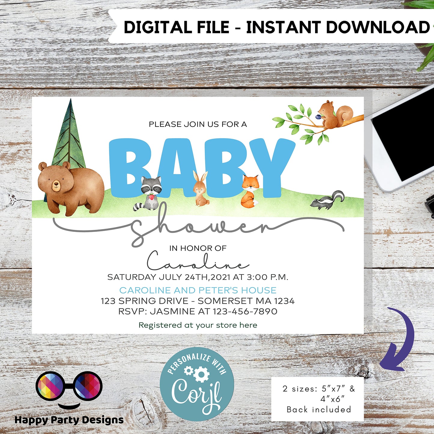 Editable watercolor woodland baby shower | Digital Bear printable invite | Baby Boy | cute animals Digital | Personalize Online #B16