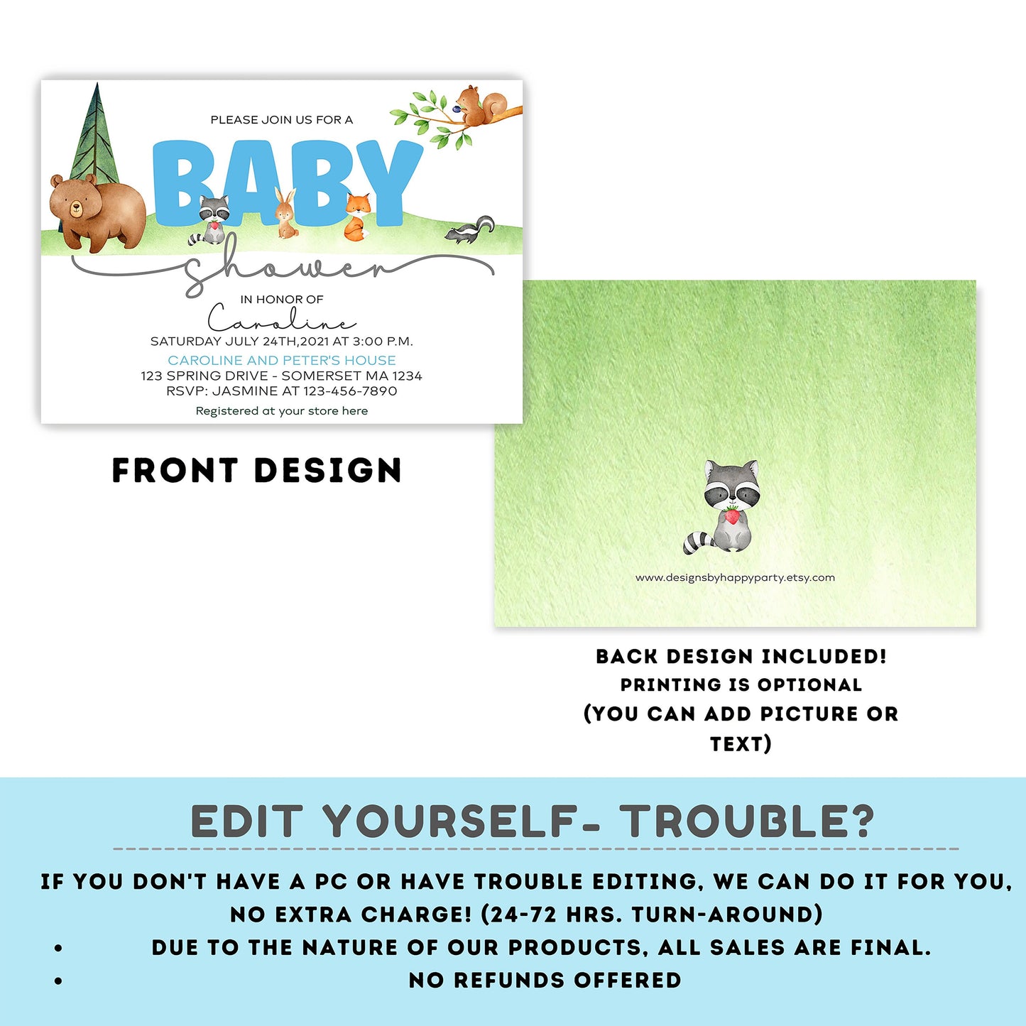 Editable watercolor woodland baby shower | Digital Bear printable invite | Baby Boy | cute animals Digital | Personalize Online #B16