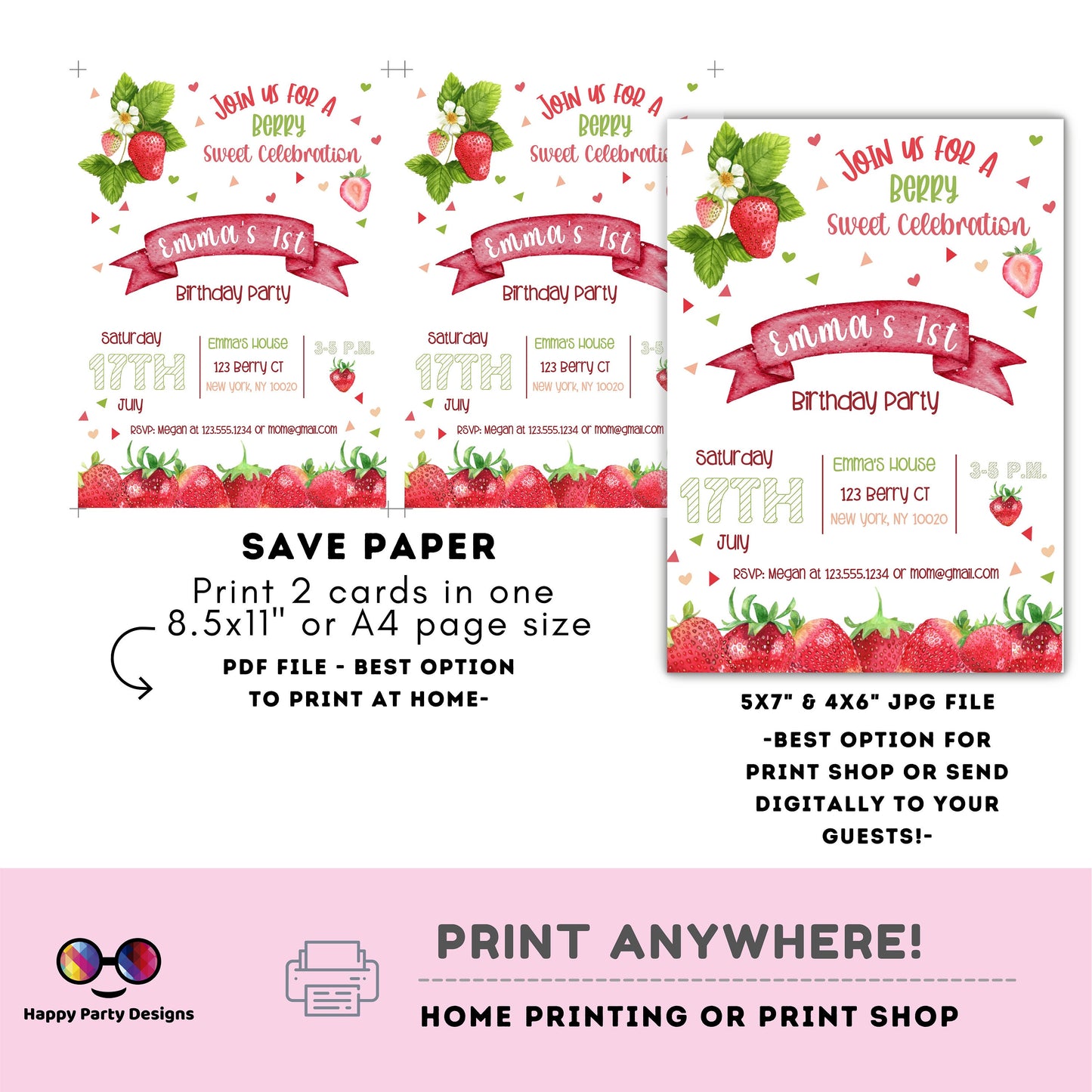 Editable watercolor strawberry invitation | Digital Strawberry printable invite | Birthday girl |Berry Sweet Invitation | Personalize Online