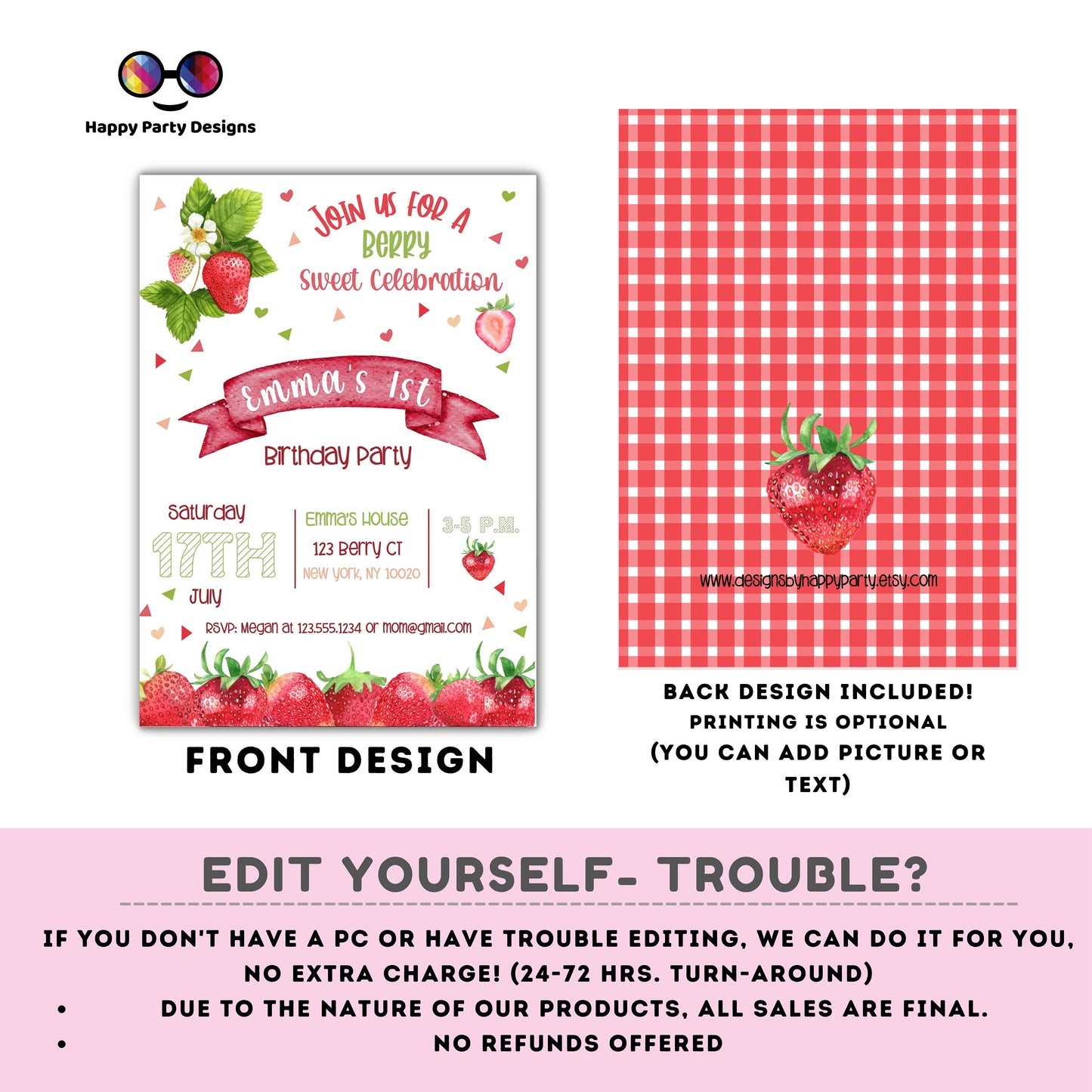Editable watercolor strawberry invitation | Digital Strawberry printable invite | Birthday girl |Berry Sweet Invitation | Personalize Online