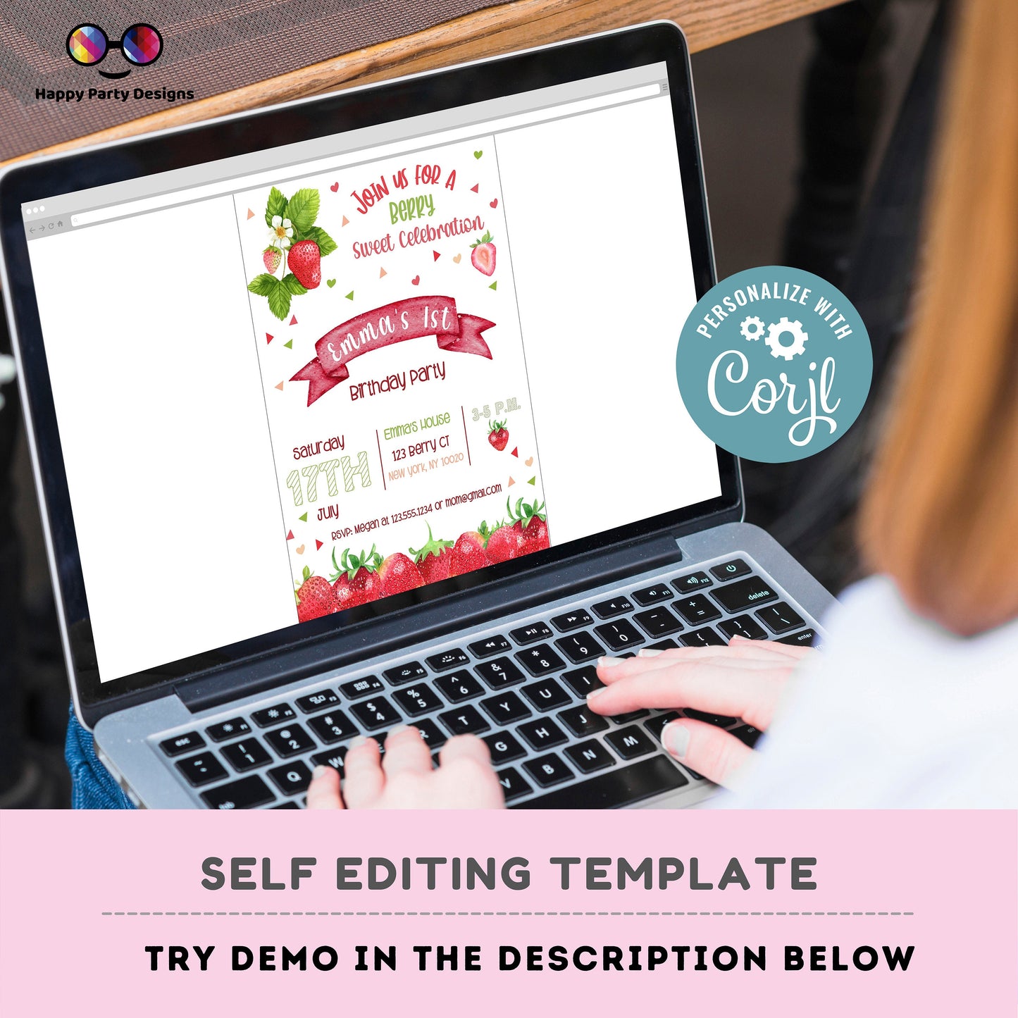 Editable watercolor strawberry invitation | Digital Strawberry printable invite | Birthday girl |Berry Sweet Invitation | Personalize Online