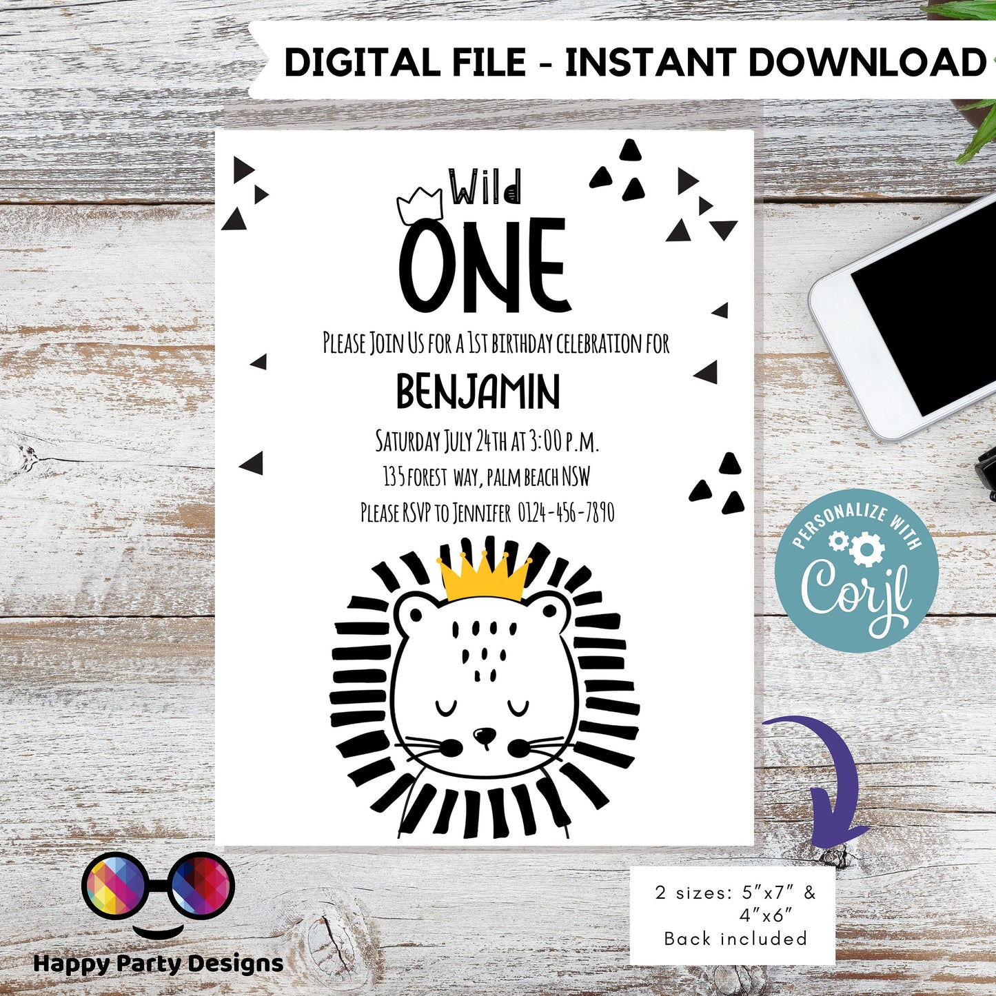 Editable Wild One invitation | First Birthday | Scandinavian invitation | cute lion | digital invitation| Personalize Online