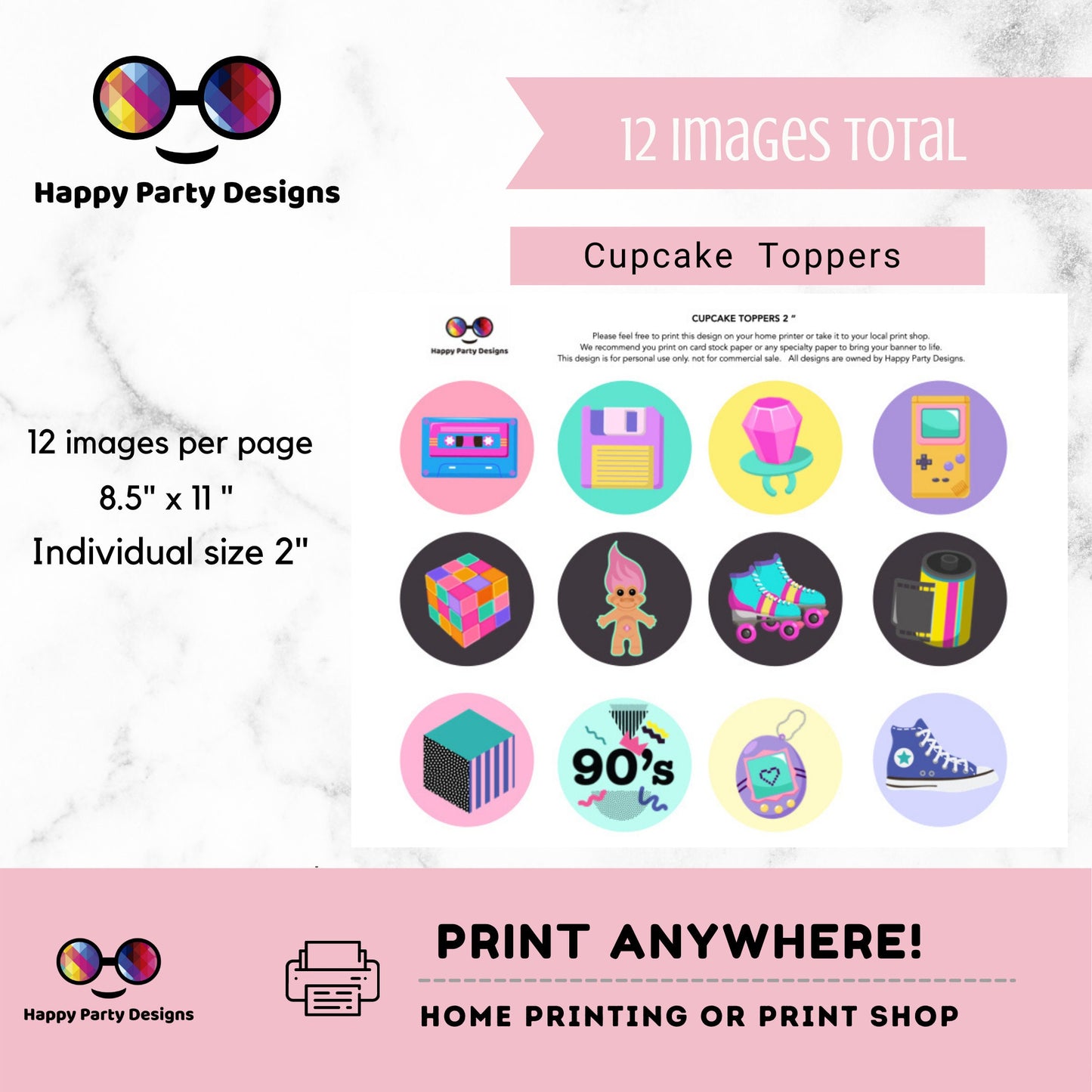 90s Cupcake toppers pink | Retro Birthday | Cupcake Toppers | Instant Download | Digital | Nostalgia Birthday Party | 90s Kid Birthday