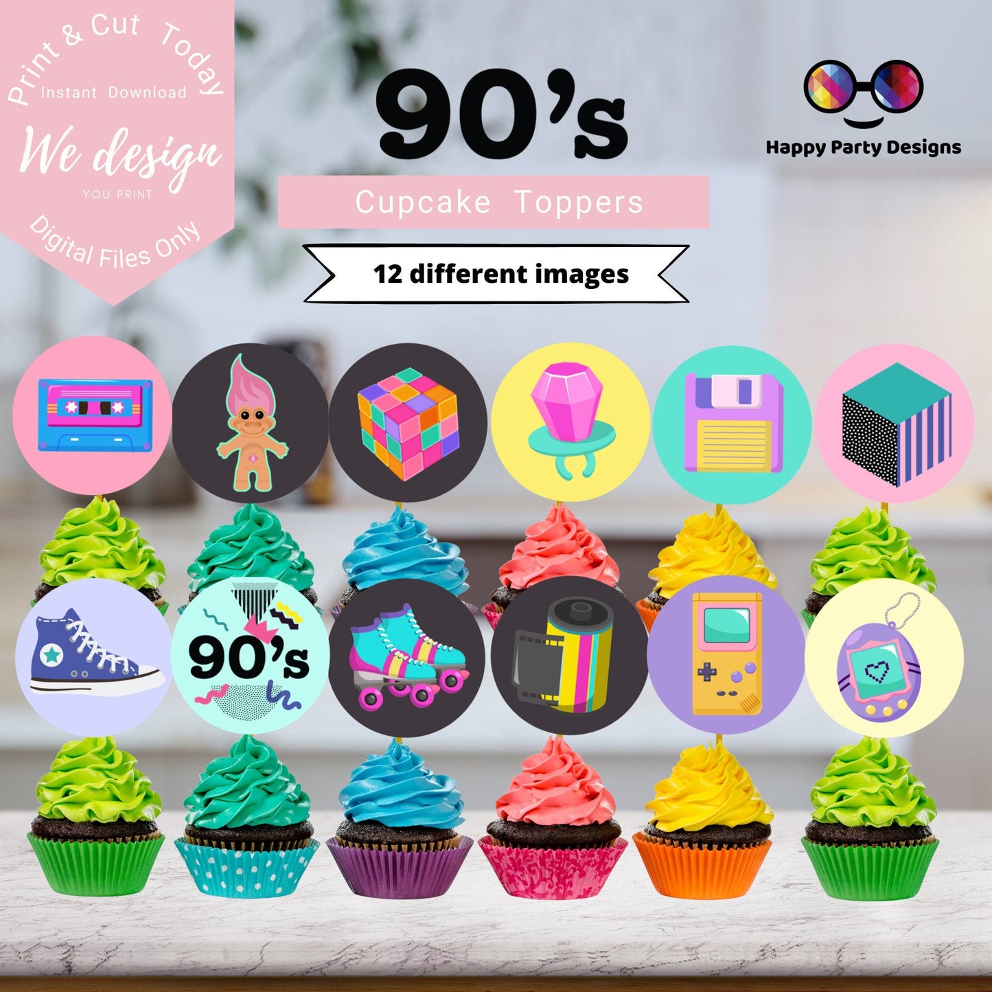 90s Cupcake toppers pink | Retro Birthday | Cupcake Toppers | Instant Download | Digital | Nostalgia Birthday Party | 90s Kid Birthday