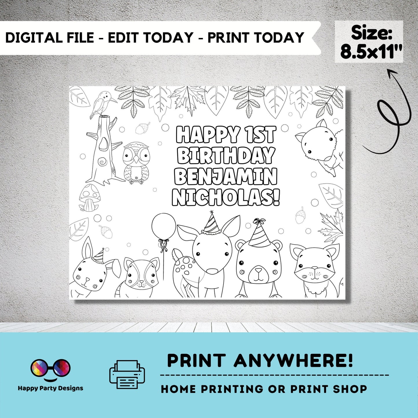 Editable woodland coloring page | First birthday coloring page | Any Age | Woodland birthday | Game Wild One Birthday Party Activity