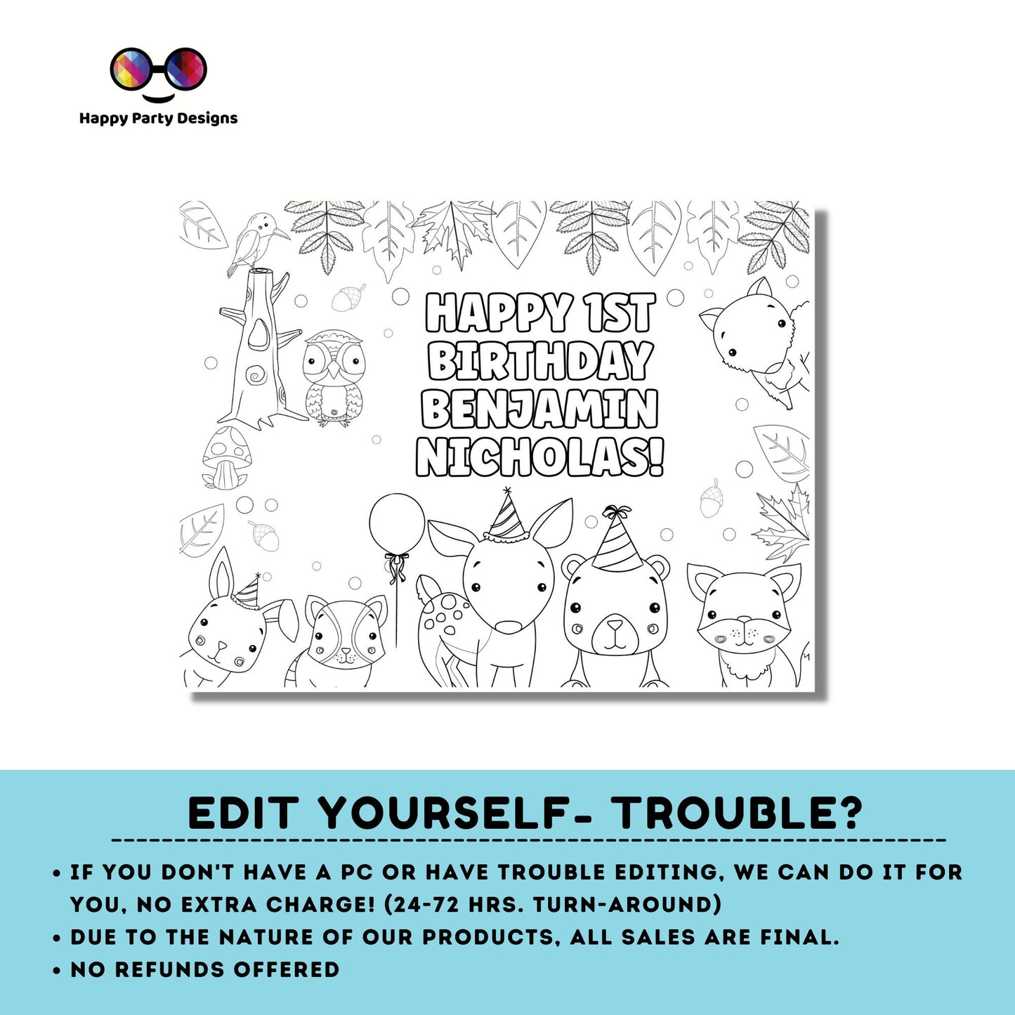Editable woodland coloring page | First birthday coloring page | Any Age | Woodland birthday | Game Wild One Birthday Party Activity