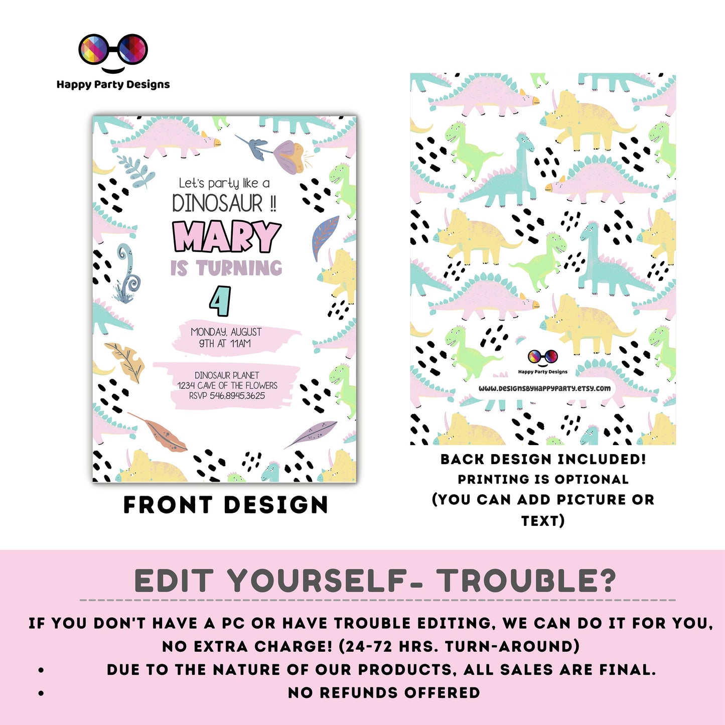 Editable Let's party like a Dinosaur Birthday Invitation | Girl Invitation | Dino Birthday invitations | Cute Dinosaur Birthday Invitation