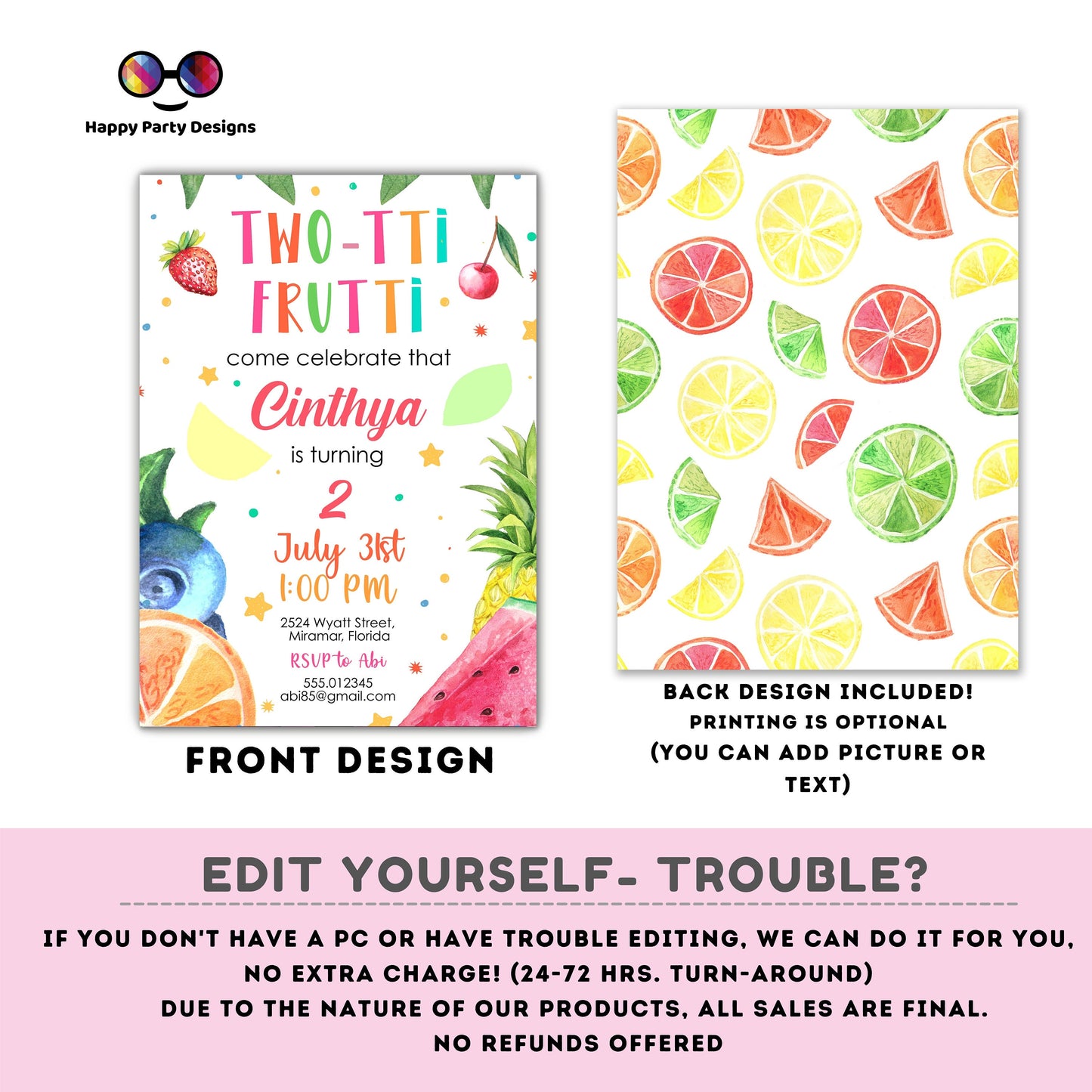 Editable TWO-tti frutti Birthday Invitation | Girl Invitation | Tutti-fruti Birthday invitations | Cute Fruit Birthday Invitation