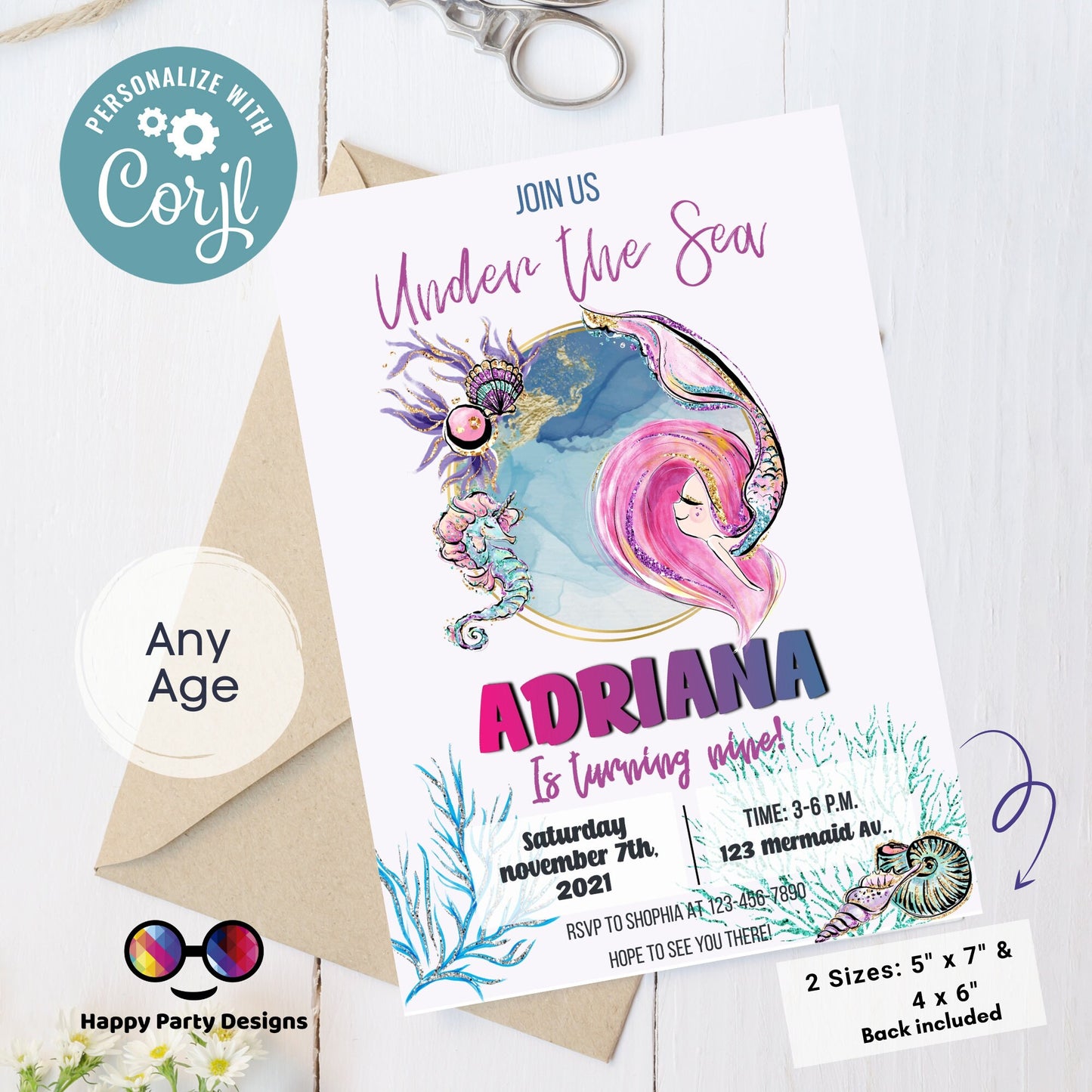 Editable Under the Sea mermaid invitation | Mermaid Watercolor Invitation | Mermaid Birthday | Mermaid Digital File | INSTANT download