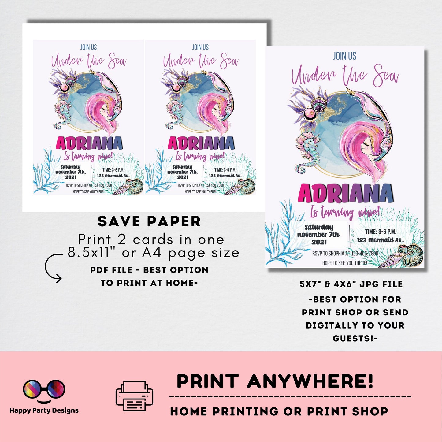 Editable Under the Sea mermaid invitation | Mermaid Watercolor Invitation | Mermaid Birthday | Mermaid Digital File | INSTANT download