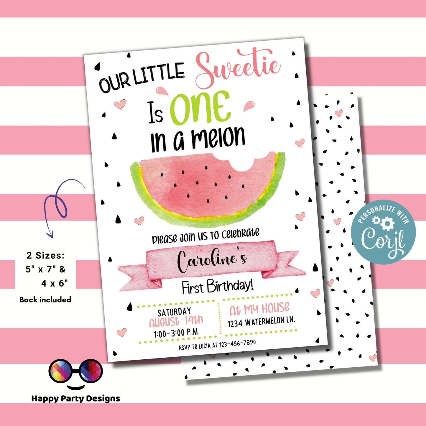 Editable ONE in a melon Birthday Invitation | Girl Invitation | Watermelon Birthday invitations | Cute Watermelon Birthday Invitation