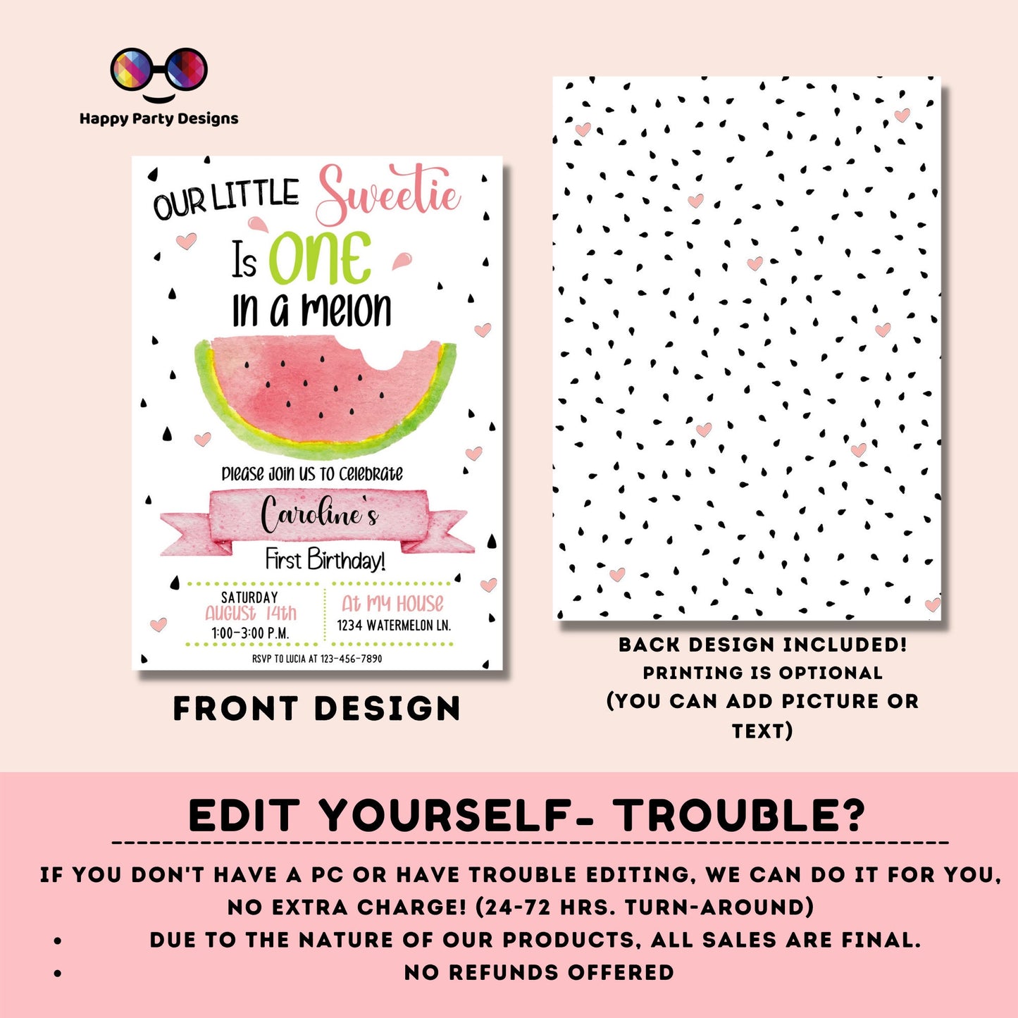 Editable ONE in a melon Birthday Invitation | Girl Invitation | Watermelon Birthday invitations | Cute Watermelon Birthday Invitation