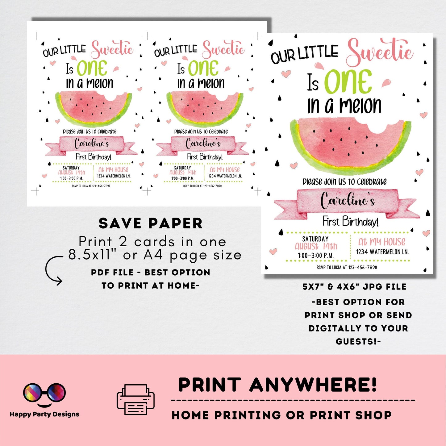 Editable ONE in a melon Birthday Invitation | Girl Invitation | Watermelon Birthday invitations | Cute Watermelon Birthday Invitation