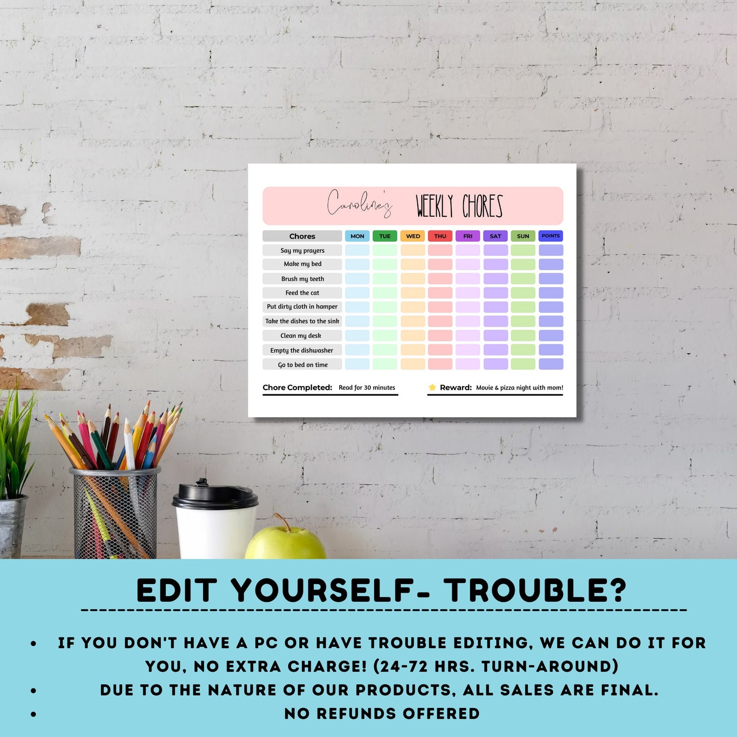 Weekly Daily Chore Chart for Kids | Responsibility Chart Homeschool | My Responsibilities | Personalized Planner | Printable Editable PDF